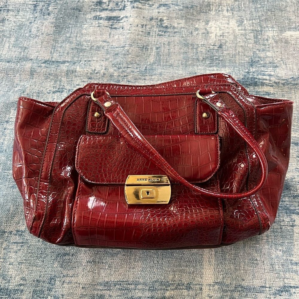 Anne Klein Dark Red Faux Patent Croc Leather Handbag w Gold Colored Accents